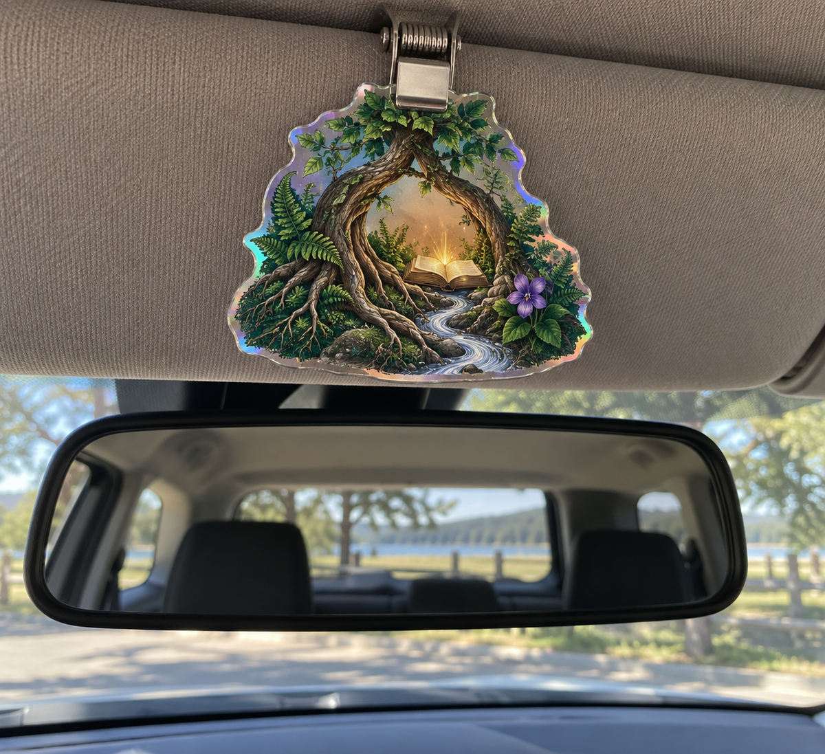 Moonroot Reading Nook Holographic Car Visor Clip with printed optical 3D artwork in its use setting