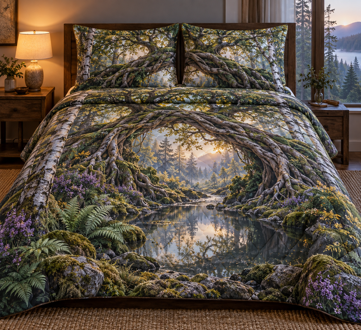 Rootveil Bedroom Grove Quilted Bedding Set with printed optical 3D artwork in its use setting