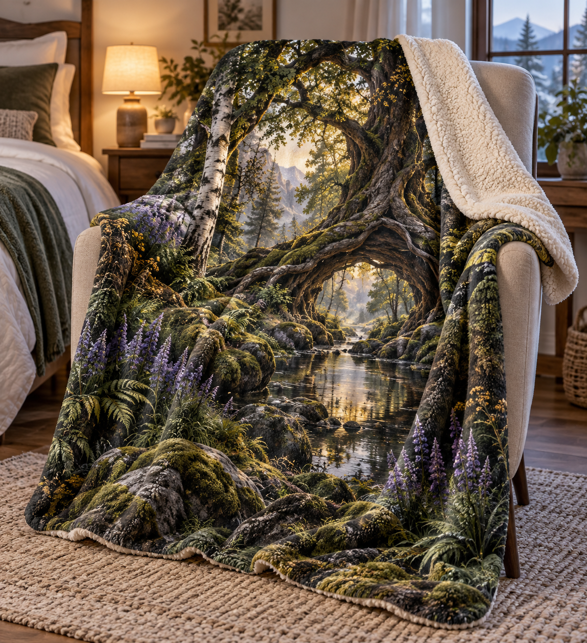 Rootveil Bedroom Grove Sherpa & Fleece Blanket with printed optical 3D artwork in its use setting