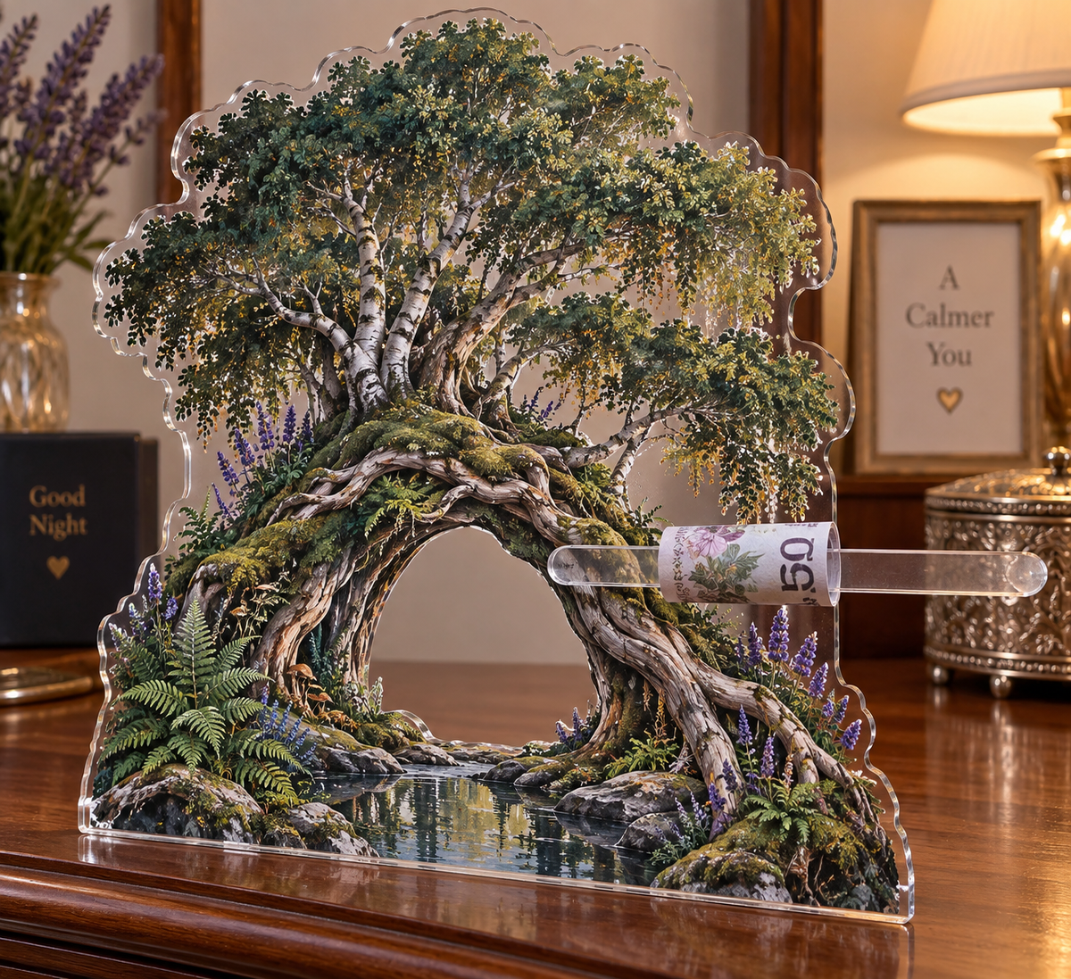 Rootveil Bedroom Grove Acrylic Cash Holder Ornament with printed optical 3D artwork in its use setting