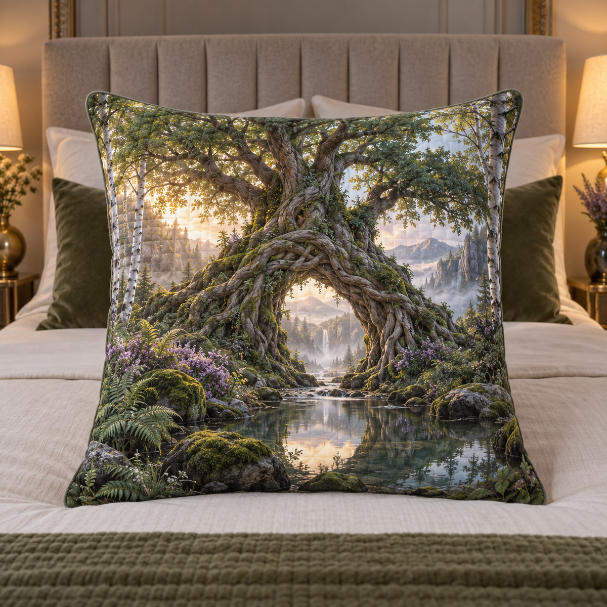 Rootveil Bedroom Grove Quilted Cushion Cover with printed optical 3D artwork in its use setting