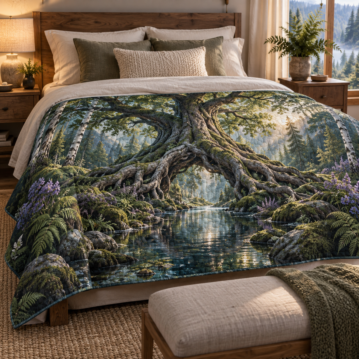 Rootveil Bedroom Grove Quilt Blanket with printed optical 3D artwork in its use setting