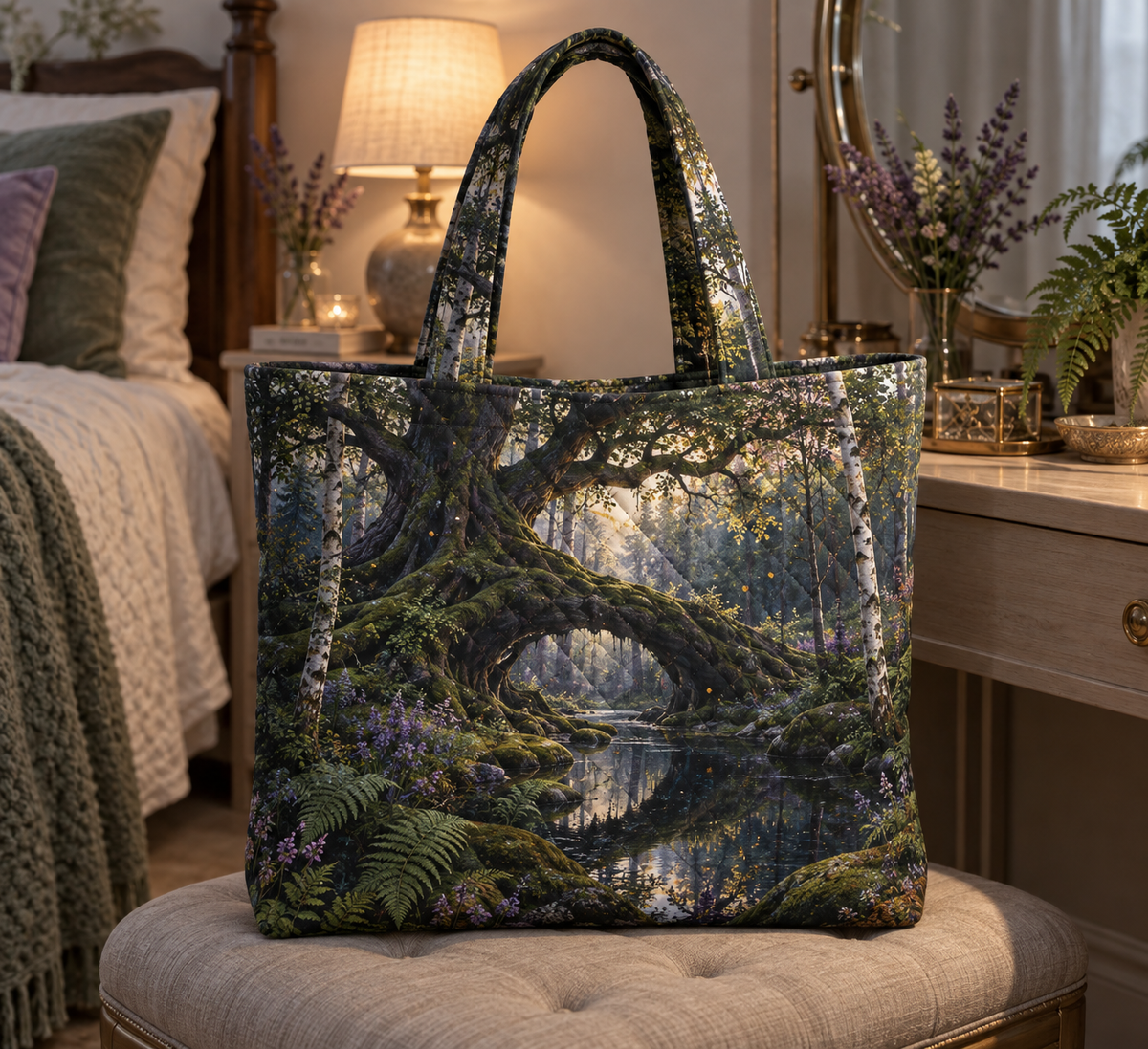 Rootveil Bedroom Grove Quilted Tote Bag with printed optical 3D artwork in its use setting