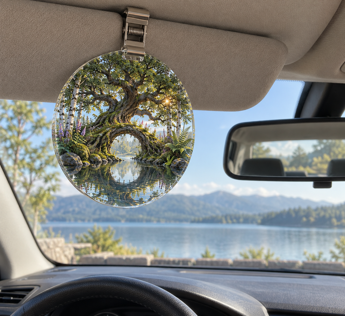 Rootveil Bedroom Grove Holographic Car Visor Clip with printed optical 3D artwork in its use setting