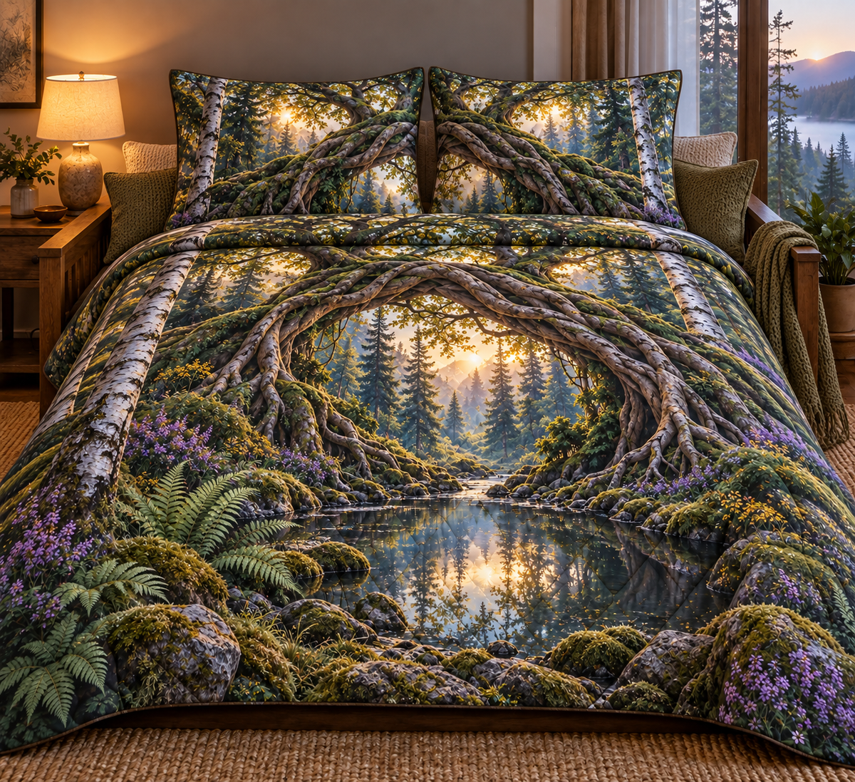 Rootveil Living Room Grove Quilted Bedding Set with printed optical 3D artwork in its use setting