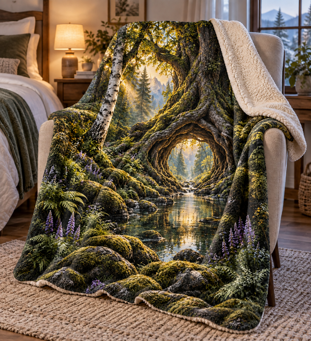 Rootveil Living Room Grove Sherpa & Fleece Blanket with printed optical 3D artwork in its use setting