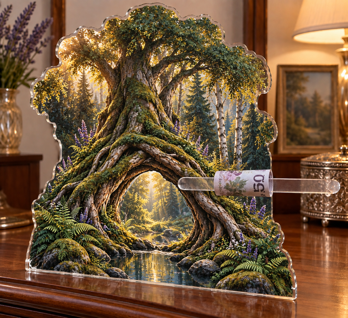 Rootveil Living Room Grove Acrylic Cash Holder Ornament with printed optical 3D artwork in its use setting