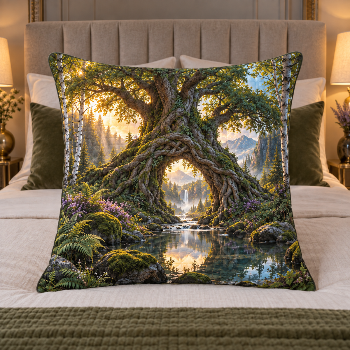 Rootveil Living Room Grove Quilted Cushion Cover with printed optical 3D artwork in its use setting