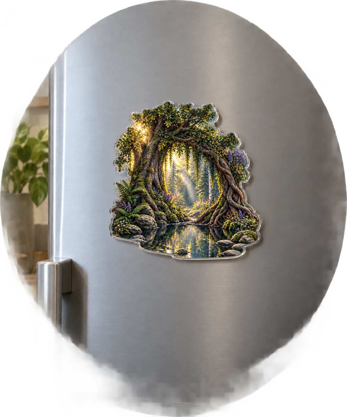 Rootveil Living Room Grove Acrylic Refrigerator Magnet with printed optical 3D artwork in its use setting
