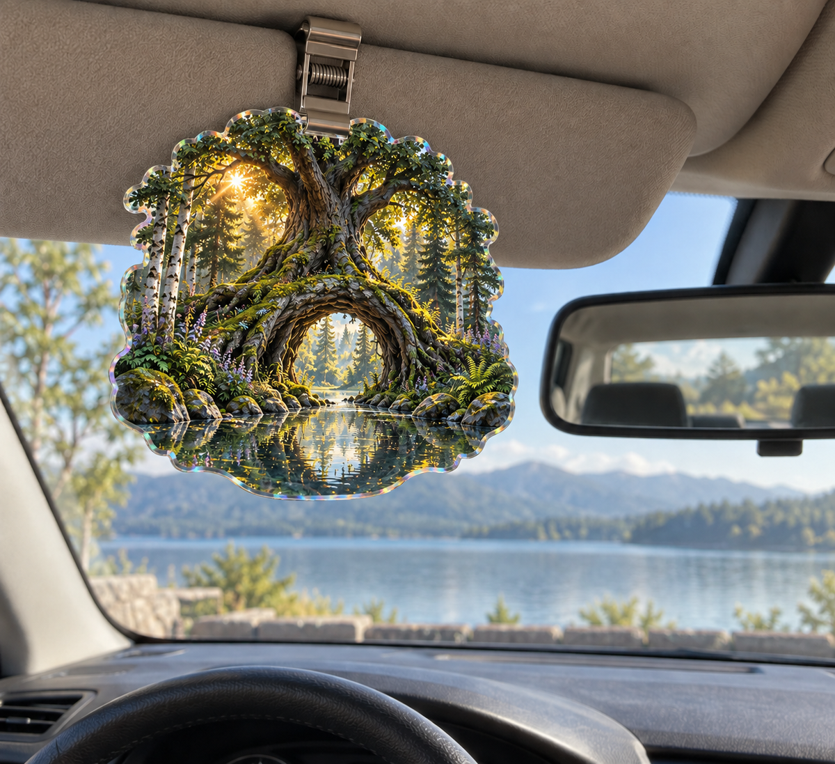 Rootveil Living Room Grove Holographic Car Visor Clip with printed optical 3D artwork in its use setting