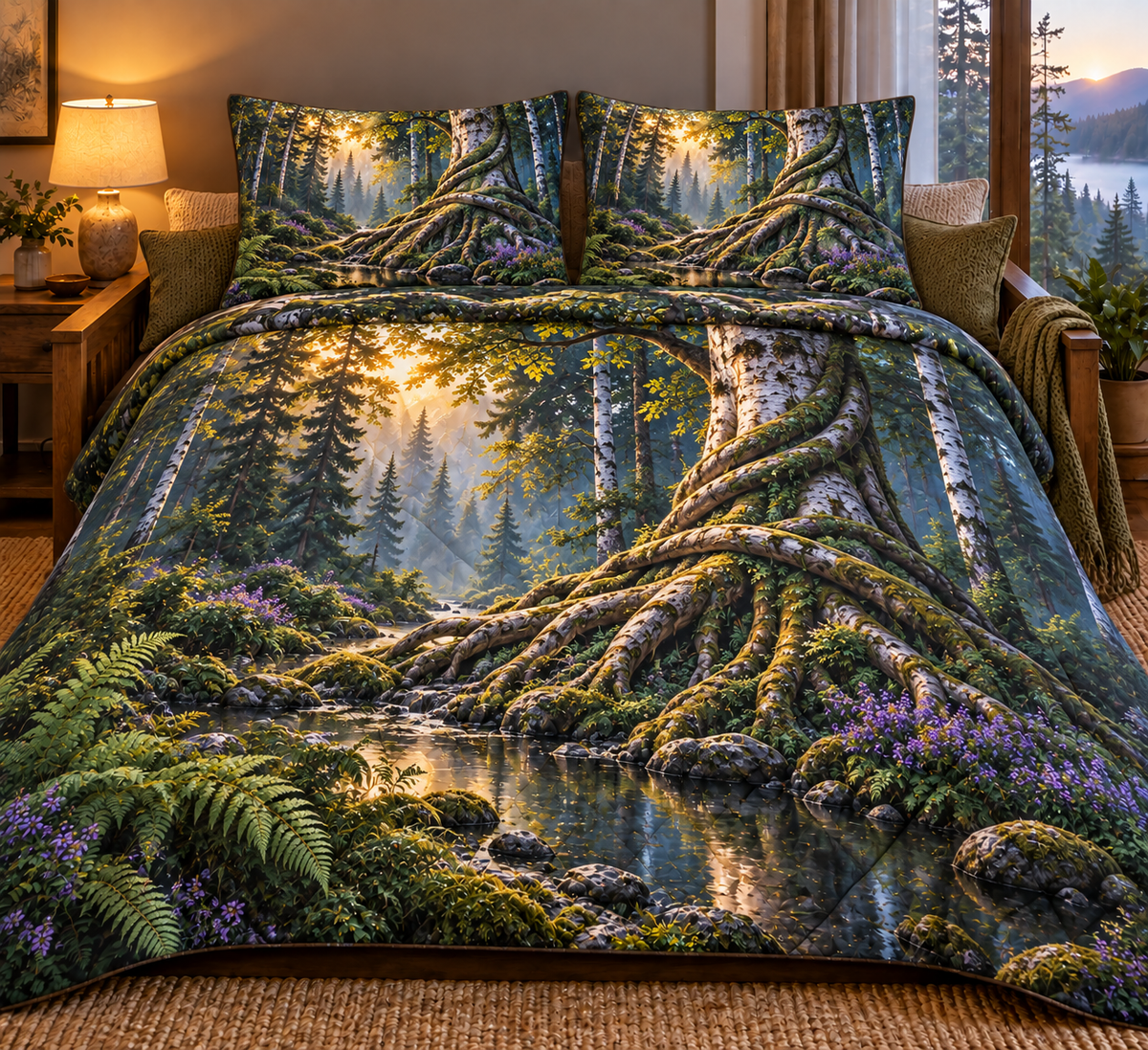 Spiralroot Forest Office Quilted Bedding Set with printed optical 3D artwork in its use setting