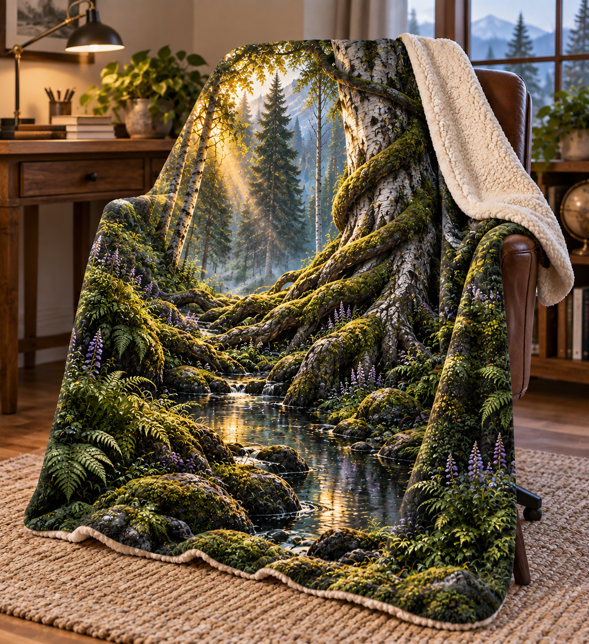 Spiralroot Forest Office Sherpa & Fleece Blanket with printed optical 3D artwork in its use setting