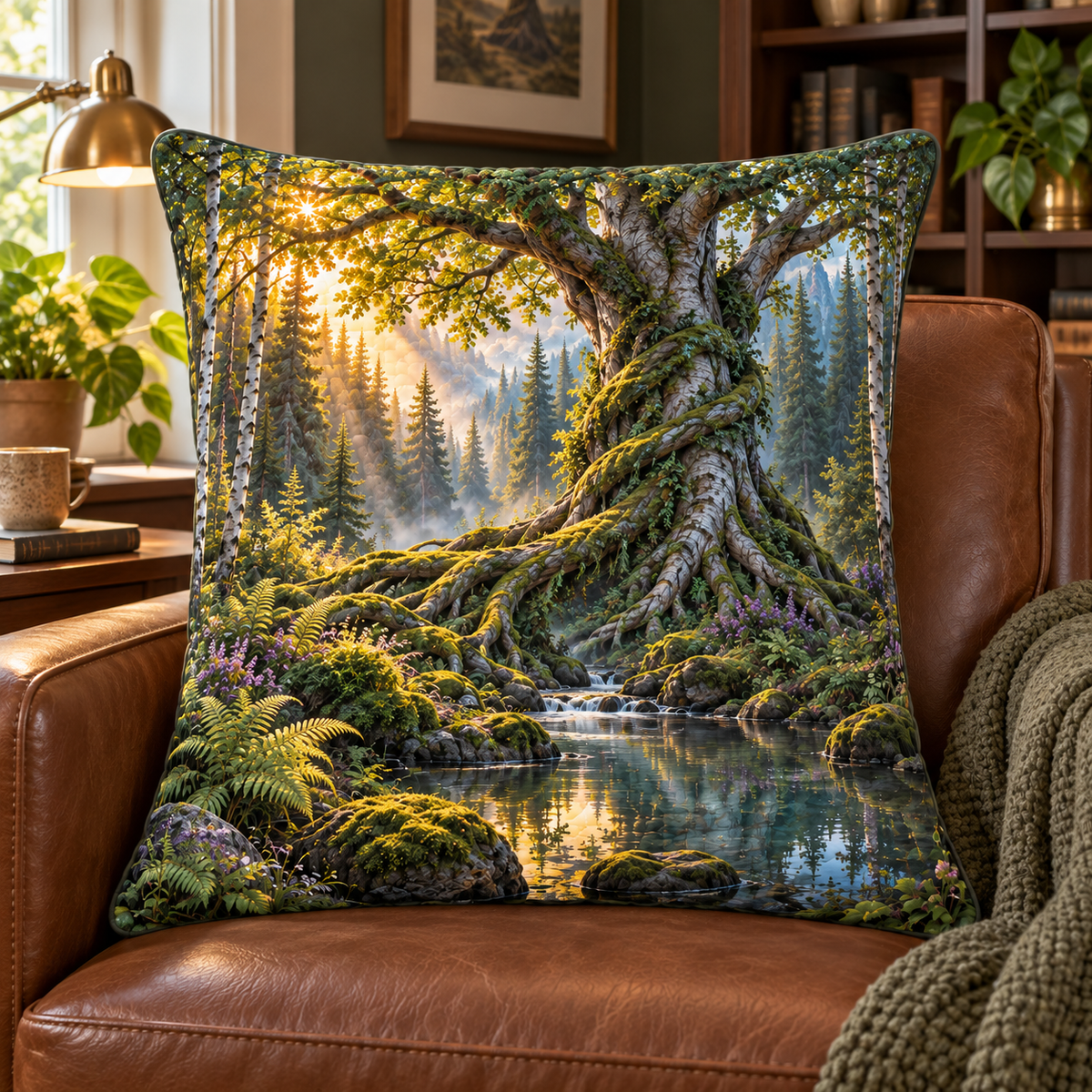 Spiralroot Forest Office Quilted Cushion Cover with printed optical 3D artwork in its use setting