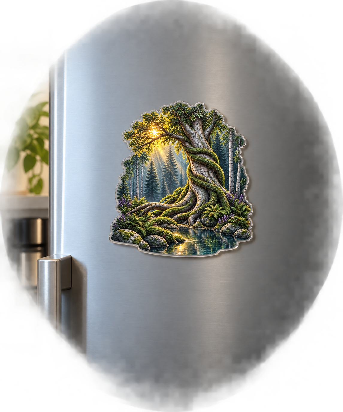 Spiralroot Forest Office Acrylic Refrigerator Magnet with printed optical 3D artwork in its use setting