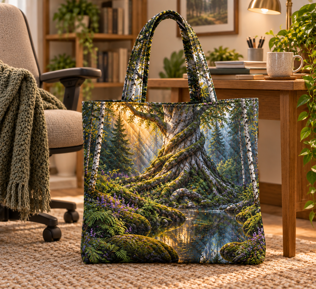 Spiralroot Forest Office Quilted Tote Bag with printed optical 3D artwork in its use setting