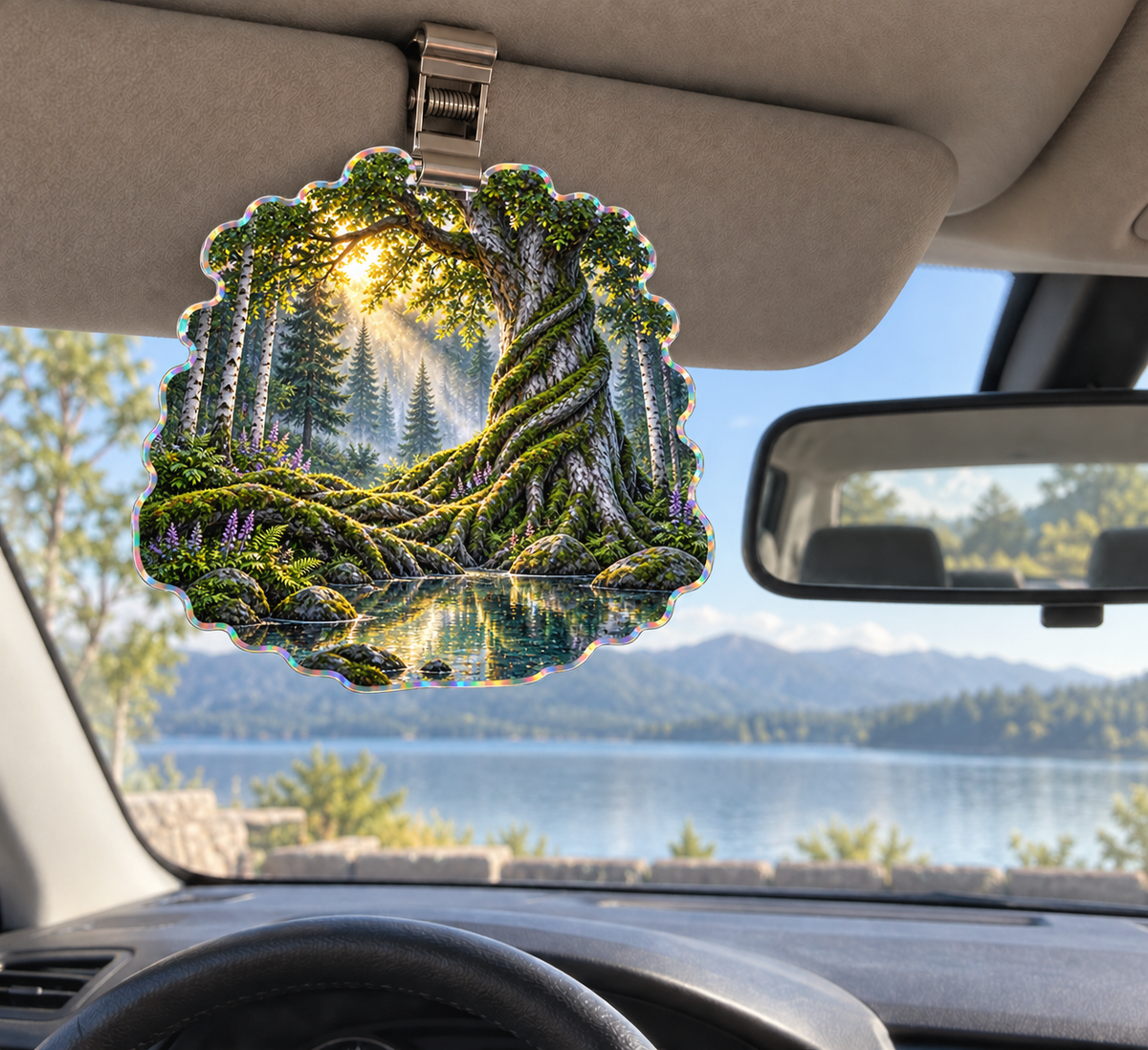 Spiralroot Forest Office Holographic Car Visor Clip with printed optical 3D artwork in its use setting