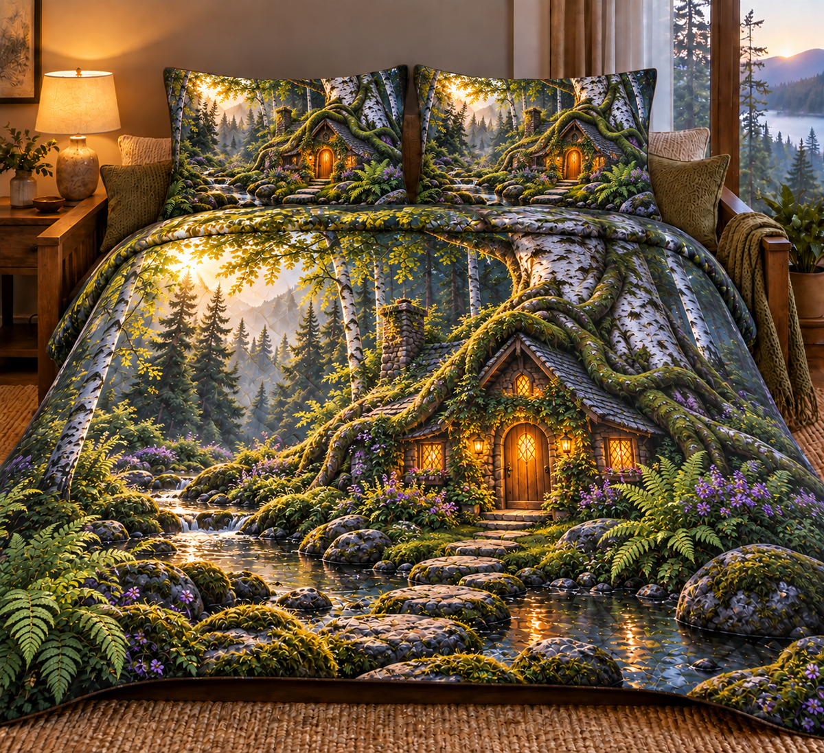Rootveil New Home Welcome Quilted Bedding Set with printed optical 3D artwork in its use setting