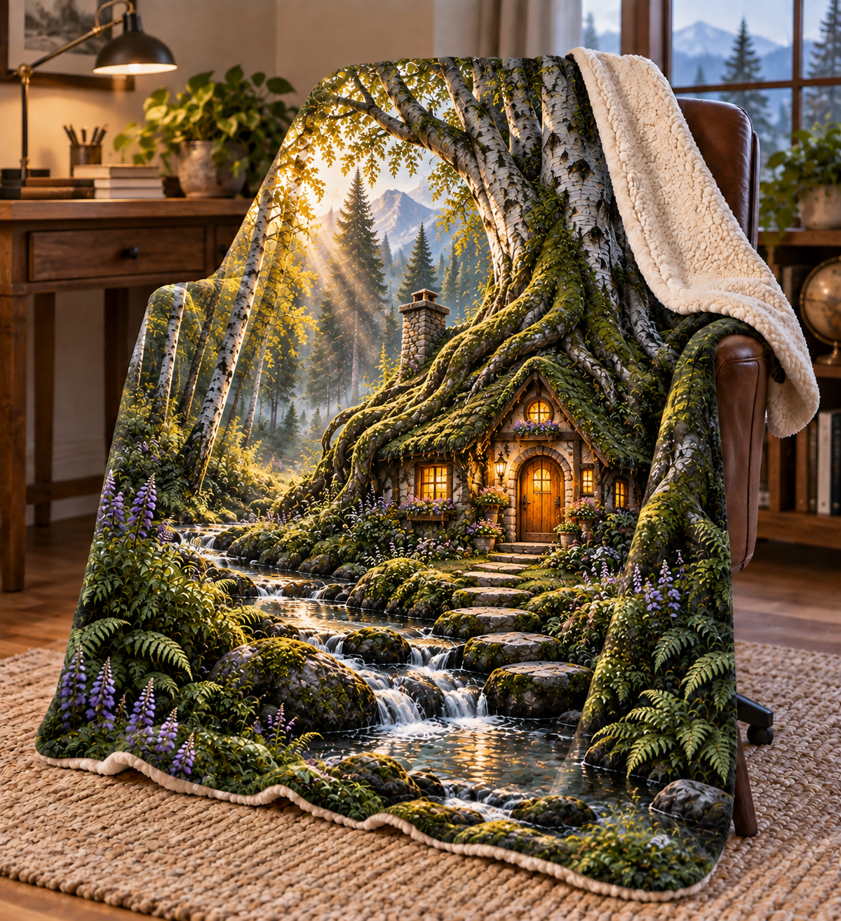 Rootveil New Home Welcome Sherpa & Fleece Blanket with printed optical 3D artwork in its use setting