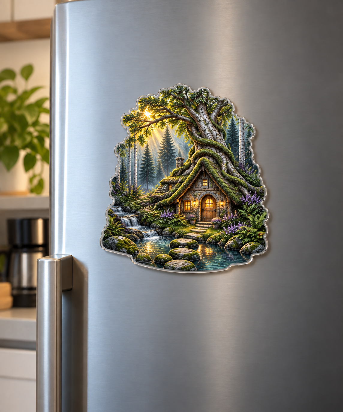 Rootveil New Home Welcome Acrylic Refrigerator Magnet with printed optical 3D artwork in its use setting