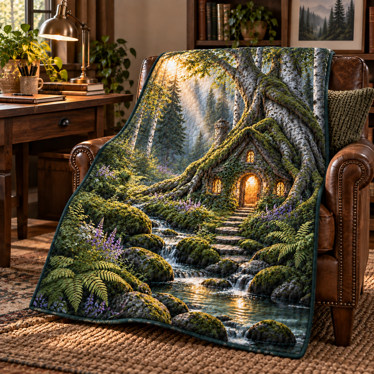 Rootveil New Home Welcome Quilt Blanket with printed optical 3D artwork in its use setting