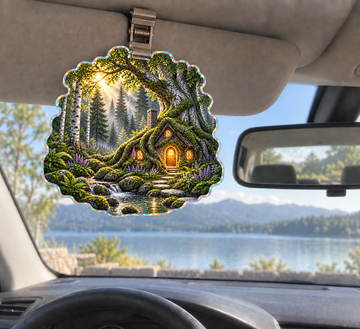 Rootveil New Home Welcome Holographic Car Visor Clip with printed optical 3D artwork in its use setting