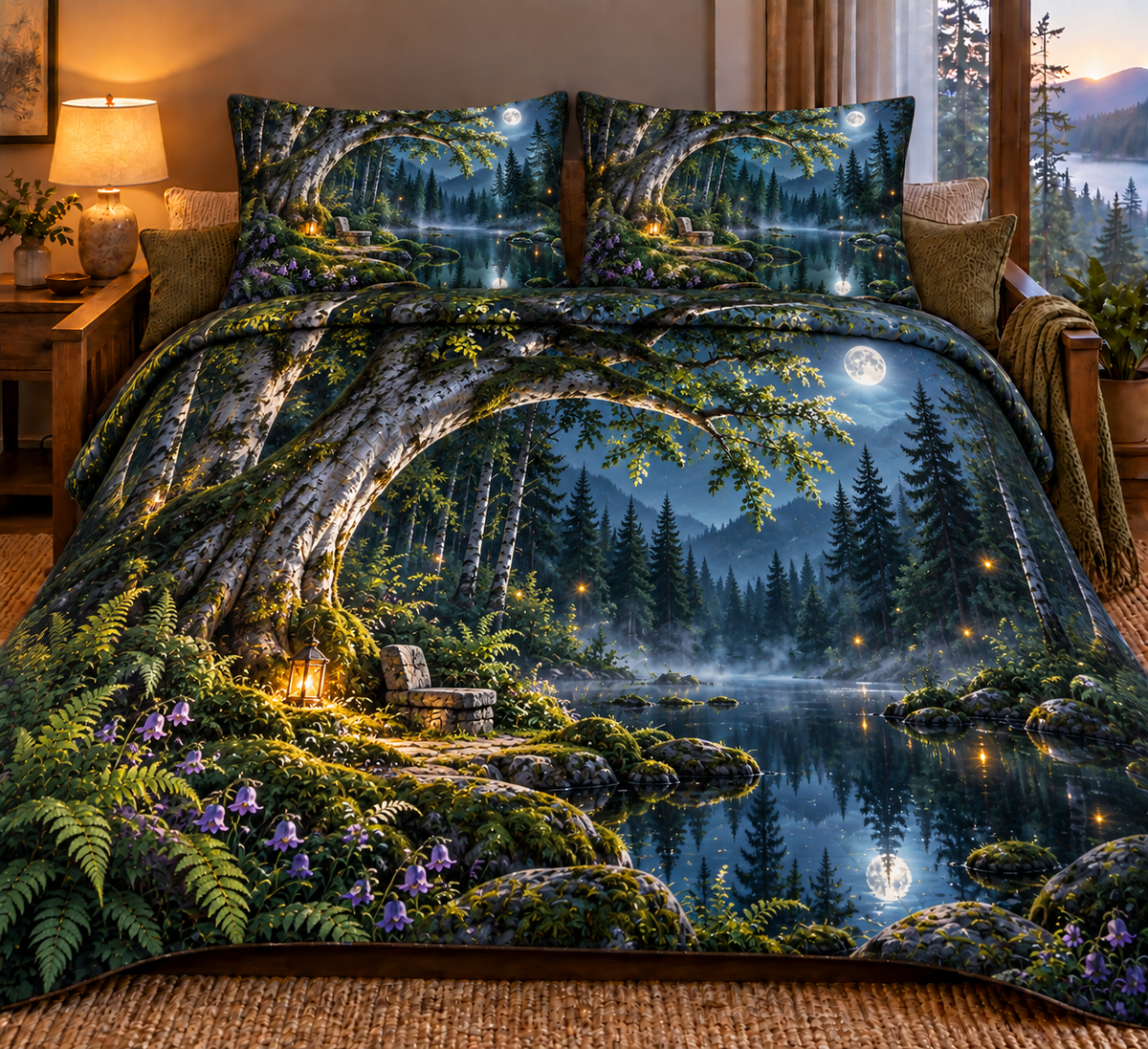 Rootveil Quiet Corner Sanctuary Quilted Bedding Set with printed optical 3D artwork in its use setting