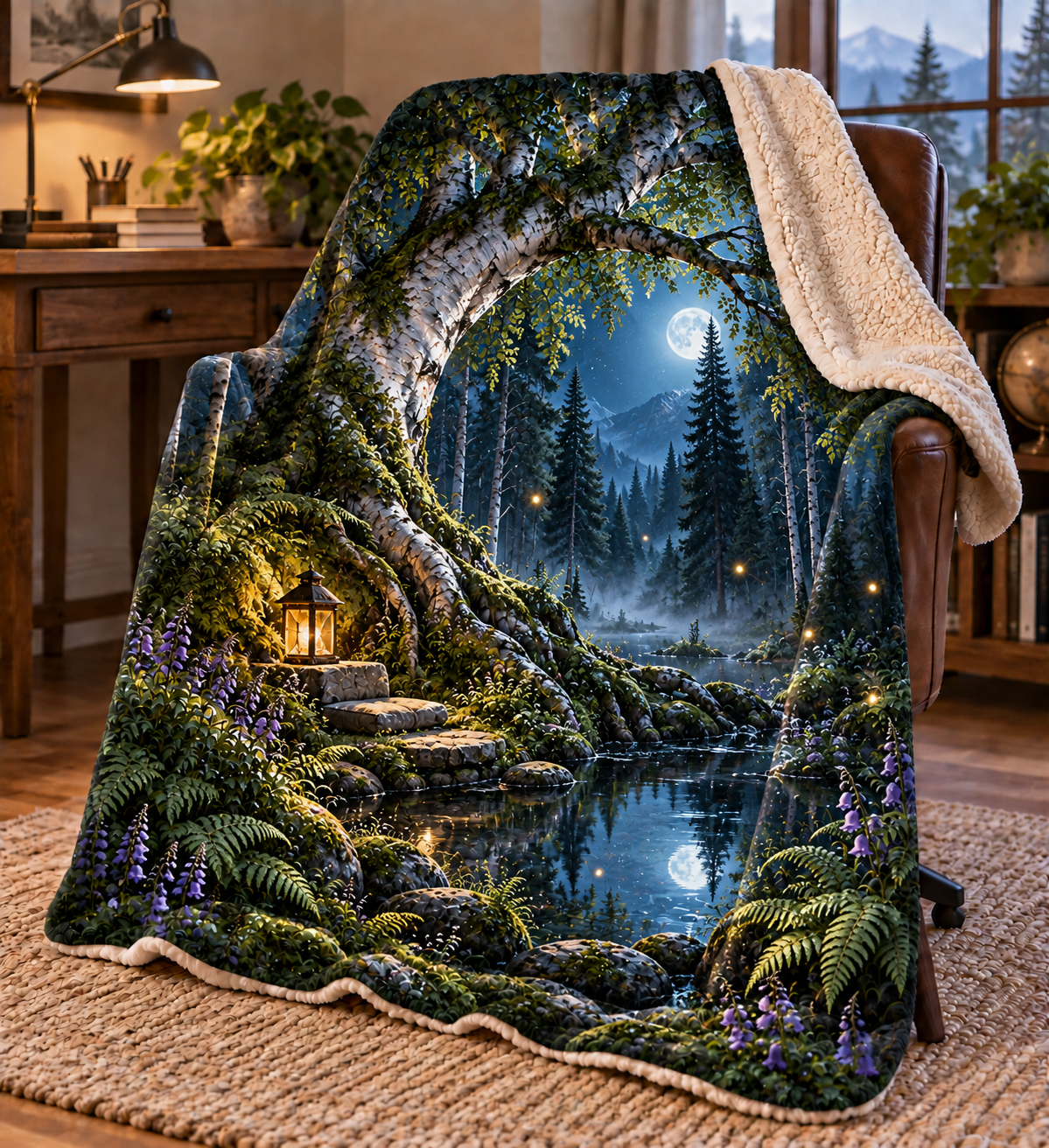 Rootveil Quiet Corner Sanctuary Sherpa & Fleece Blanket with printed optical 3D artwork in its use setting
