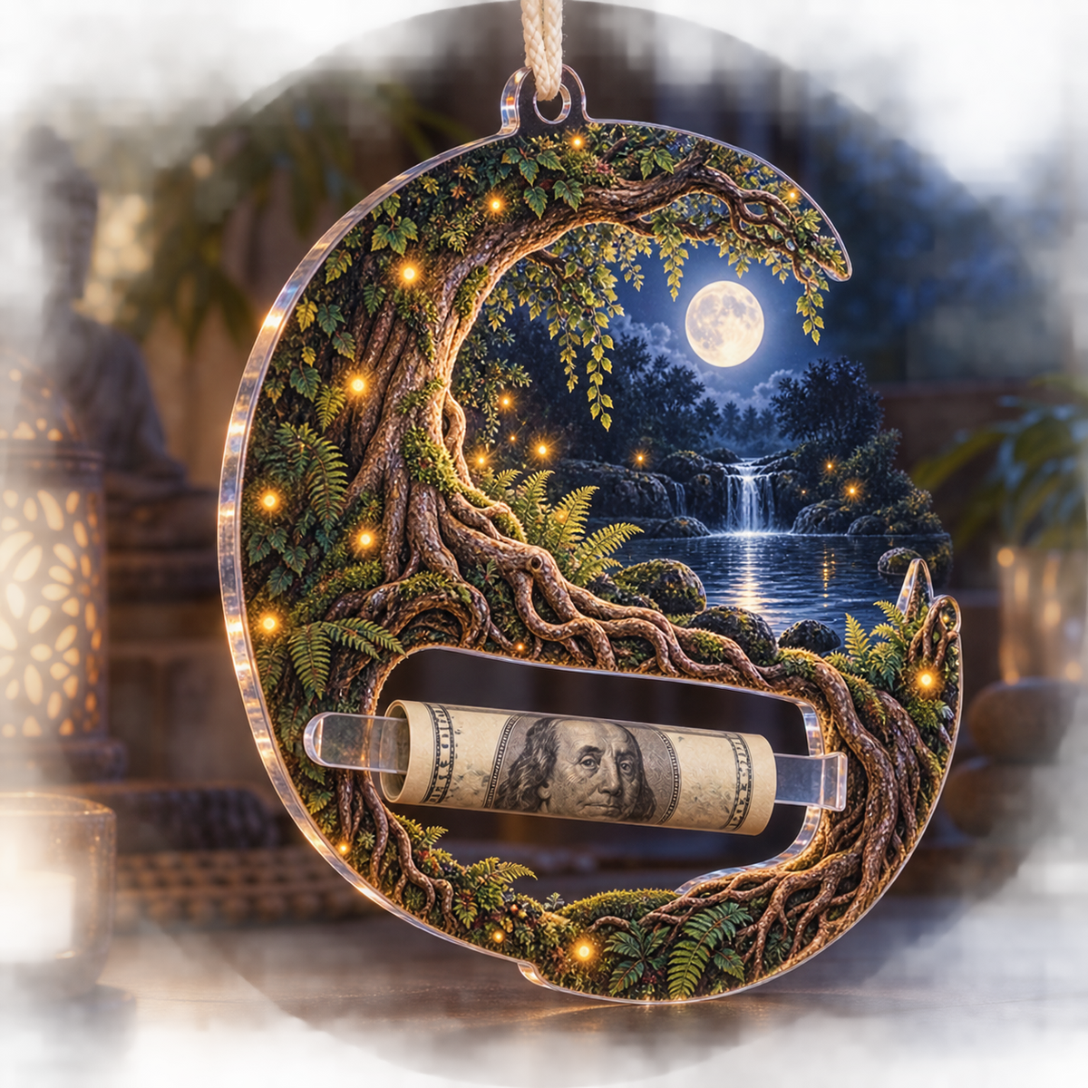 Rootveil Quiet Corner Sanctuary Acrylic Cash Holder Ornament with printed optical 3D artwork in its use setting