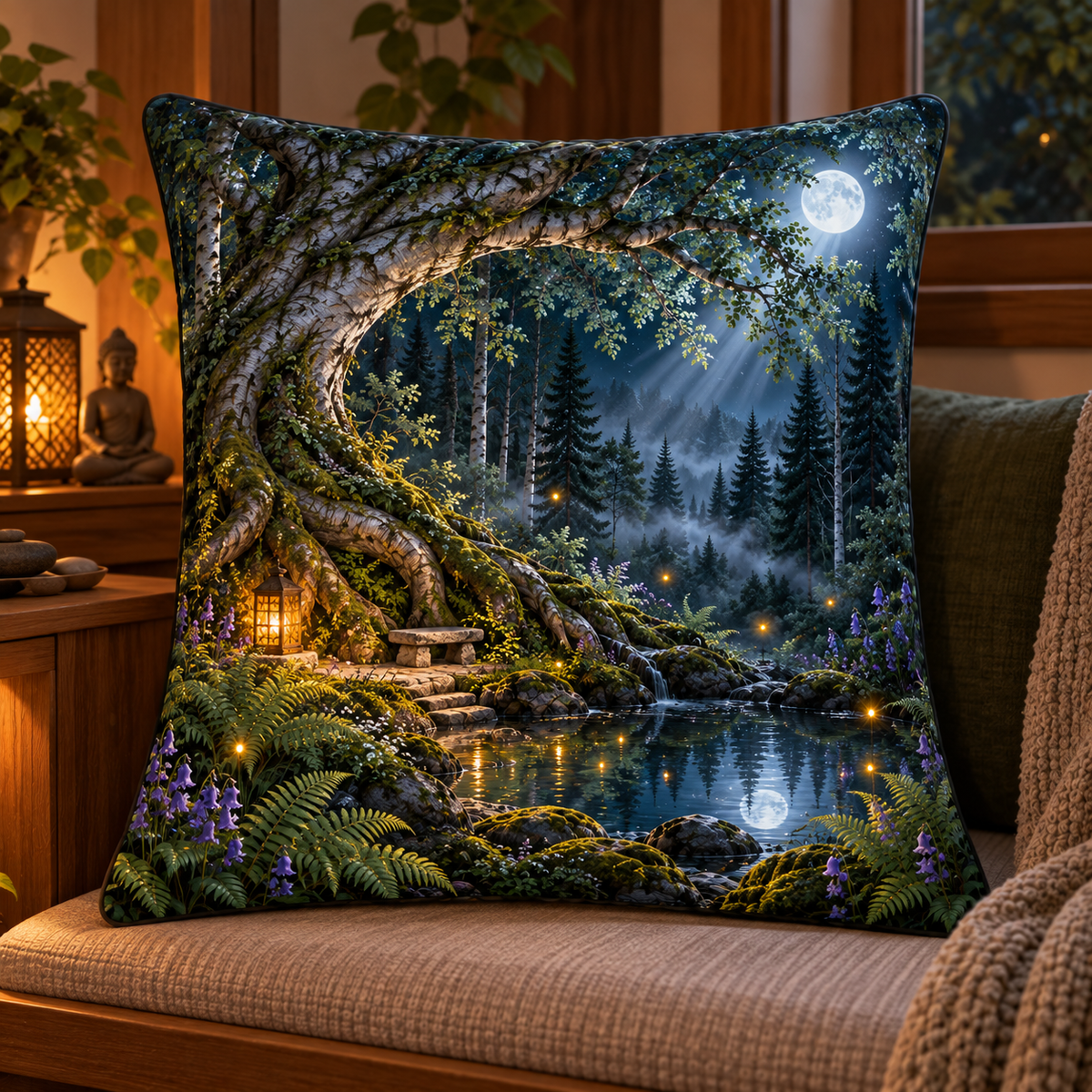 Rootveil Quiet Corner Sanctuary Quilted Cushion Cover with printed optical 3D artwork in its use setting
