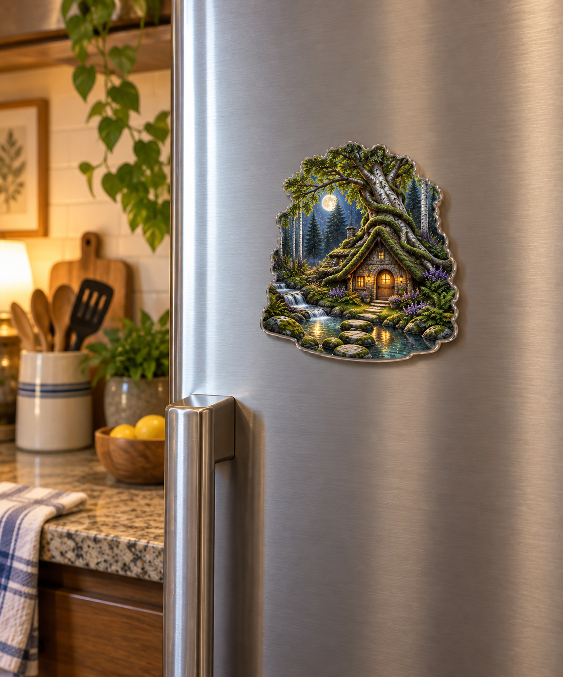 Rootveil Quiet Corner Sanctuary Acrylic Refrigerator Magnet with printed optical 3D artwork in its use setting