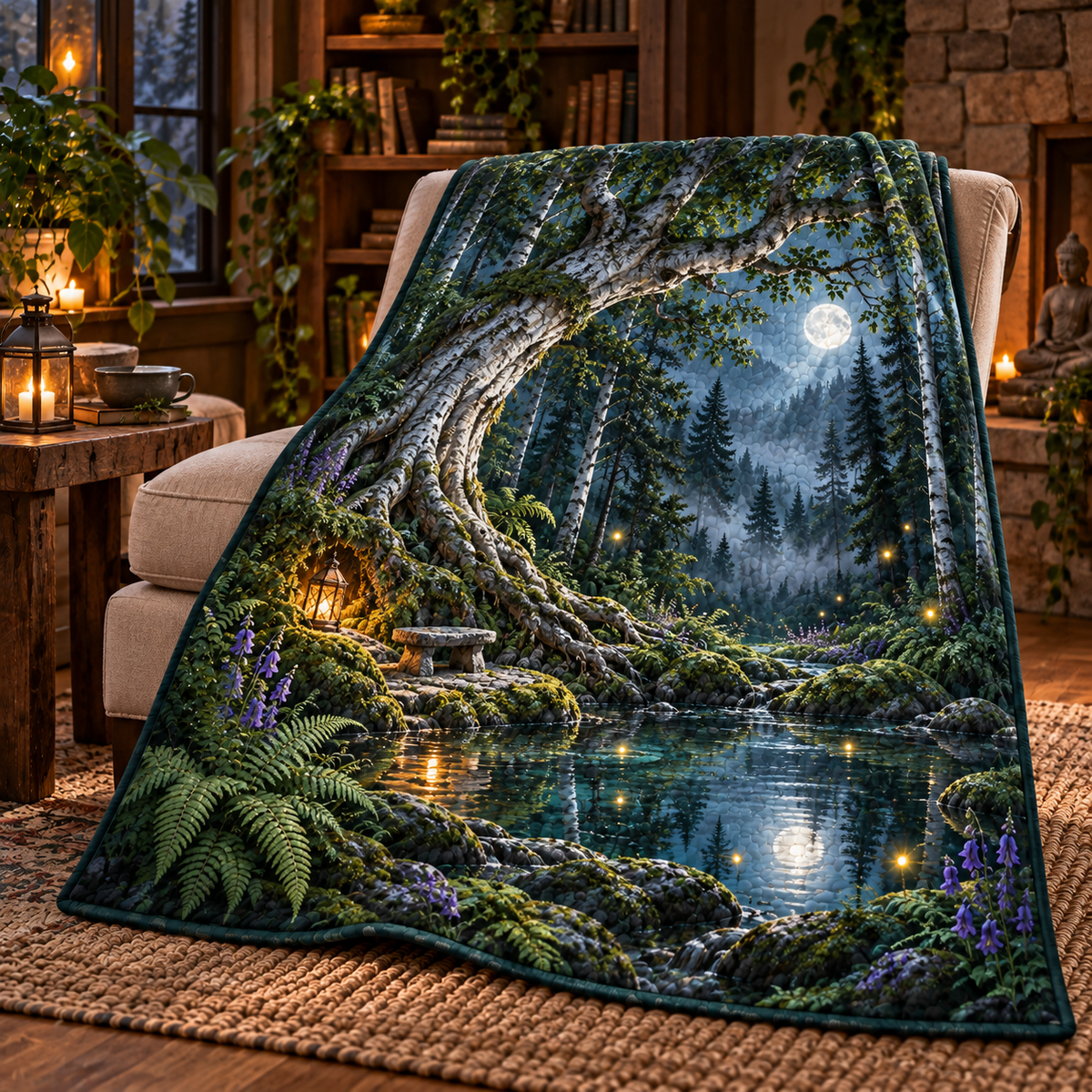 Rootveil Quiet Corner Sanctuary Quilt Blanket with printed optical 3D artwork in its use setting