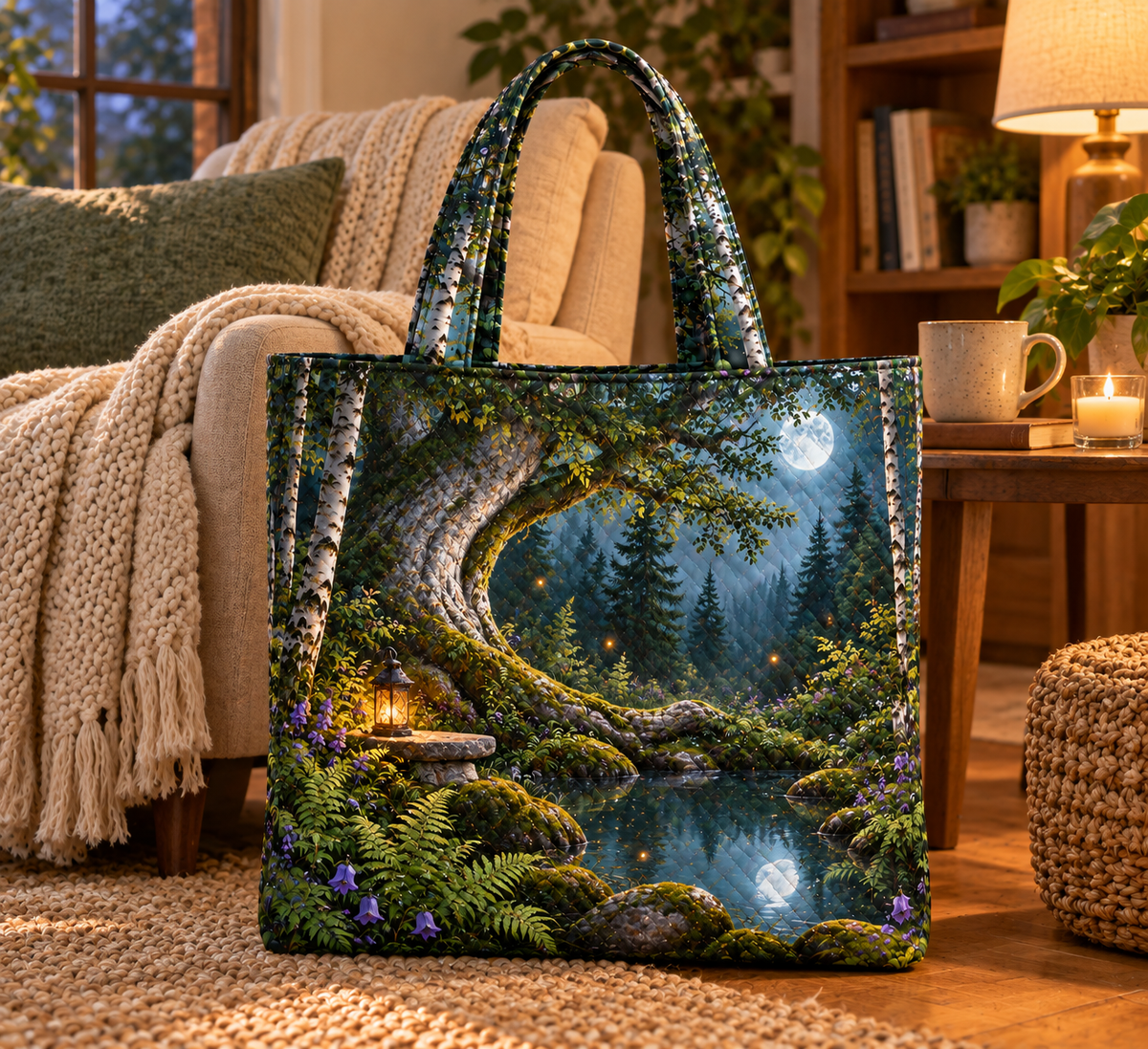Rootveil Quiet Corner Sanctuary Quilted Tote Bag with printed optical 3D artwork in its use setting