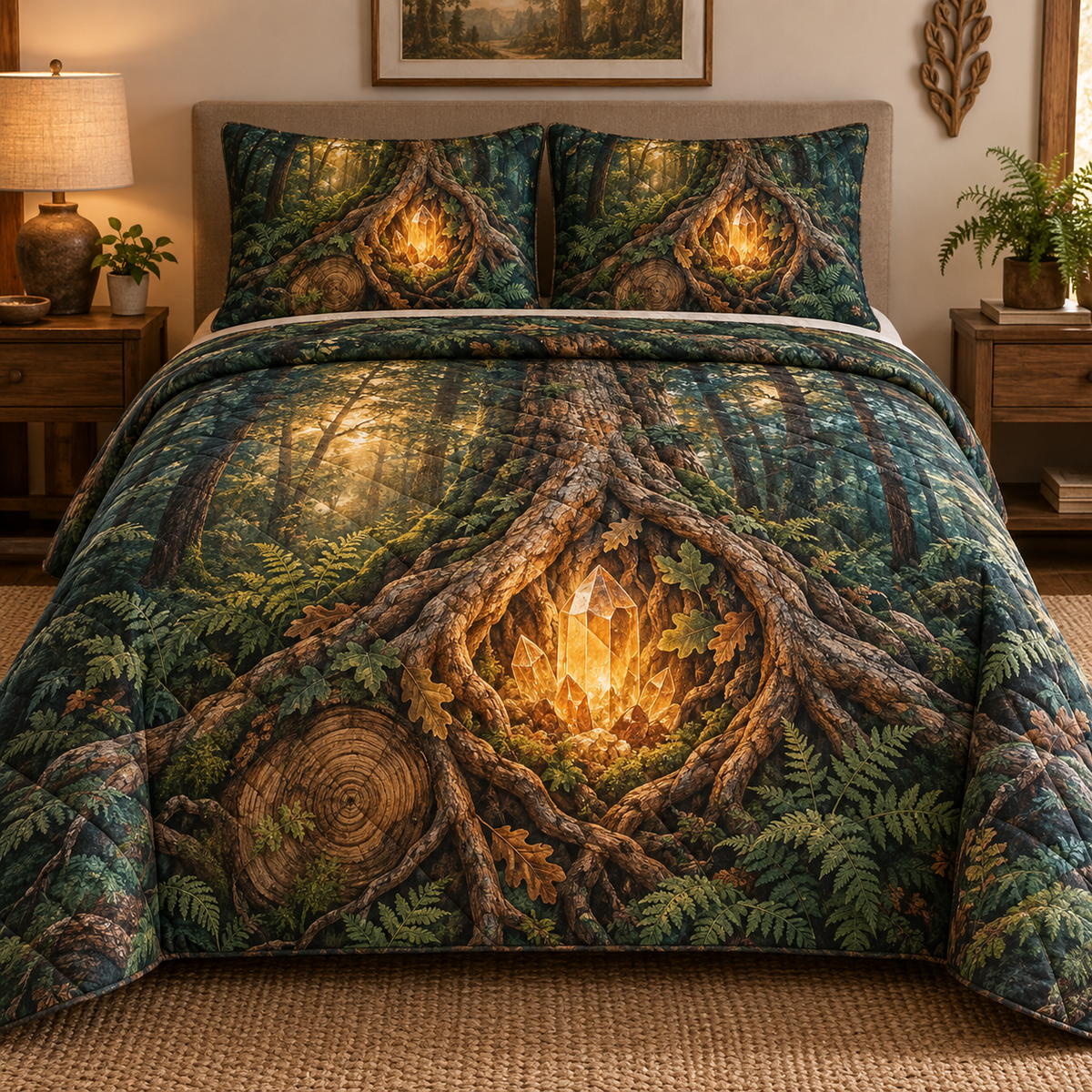 Amberroot Keepsake Quilted Bedding Set with printed optical 3D artwork in its use setting