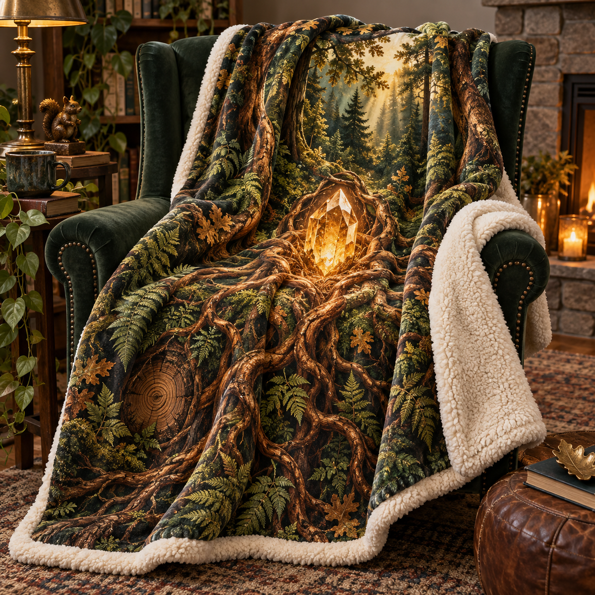 Amberroot Keepsake Sherpa & Fleece Blanket with printed optical 3D artwork in its use setting
