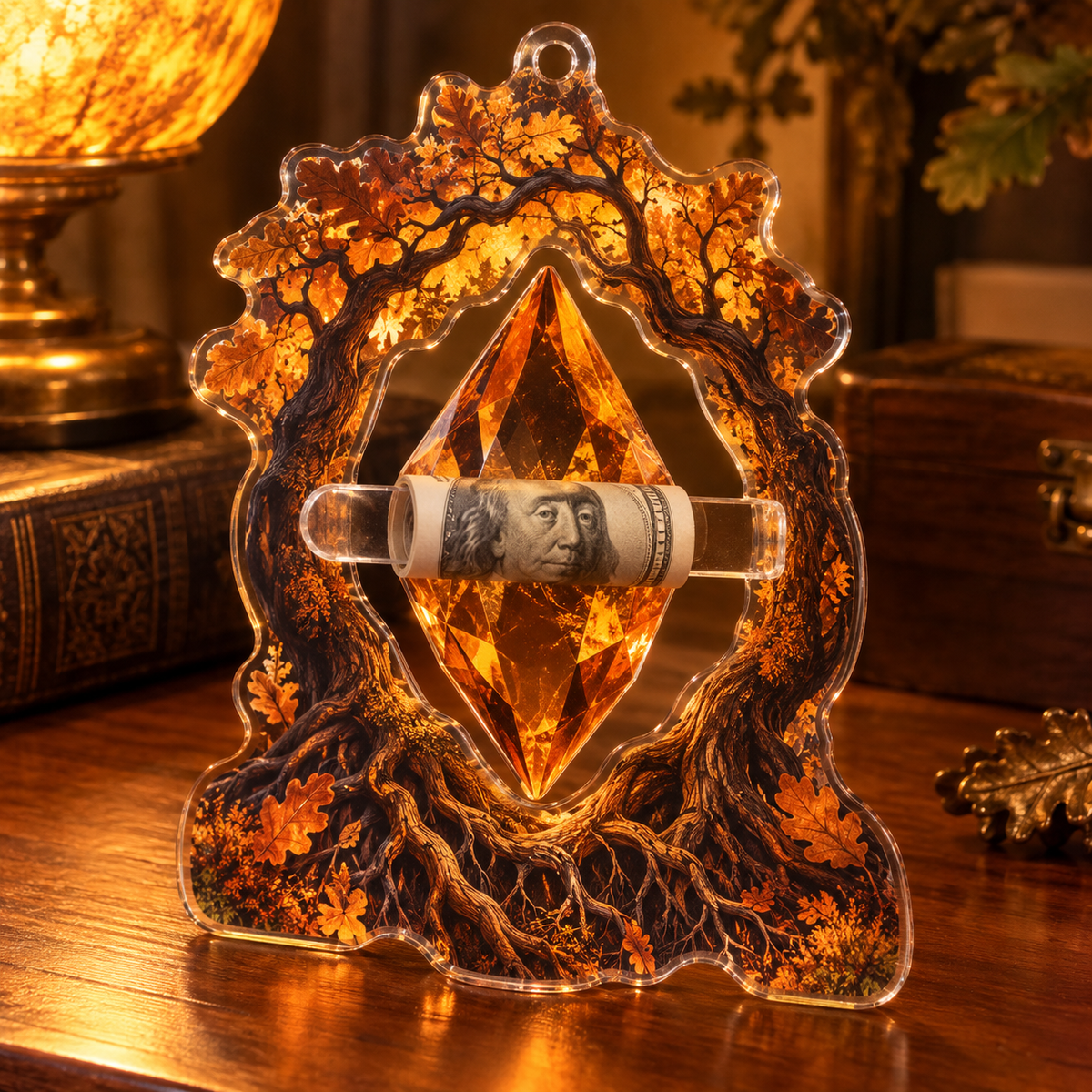 Amberroot Keepsake Acrylic Cash Holder Ornament with printed optical 3D artwork in its use setting
