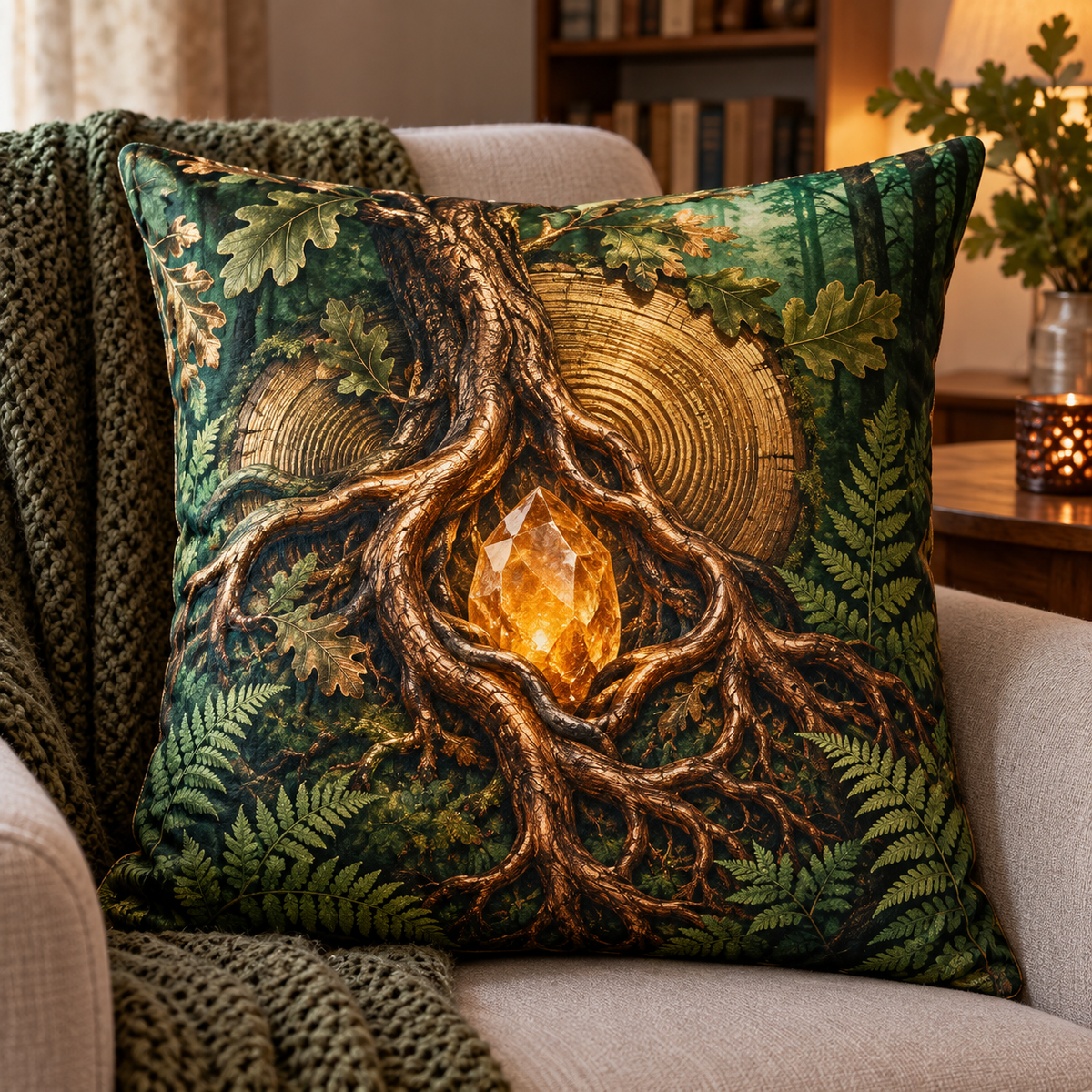 Amberroot Keepsake Quilted Cushion Cover with printed optical 3D artwork in its use setting