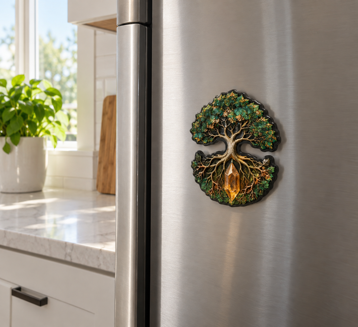 Amberroot Keepsake Acrylic Refrigerator Magnet with printed optical 3D artwork in its use setting