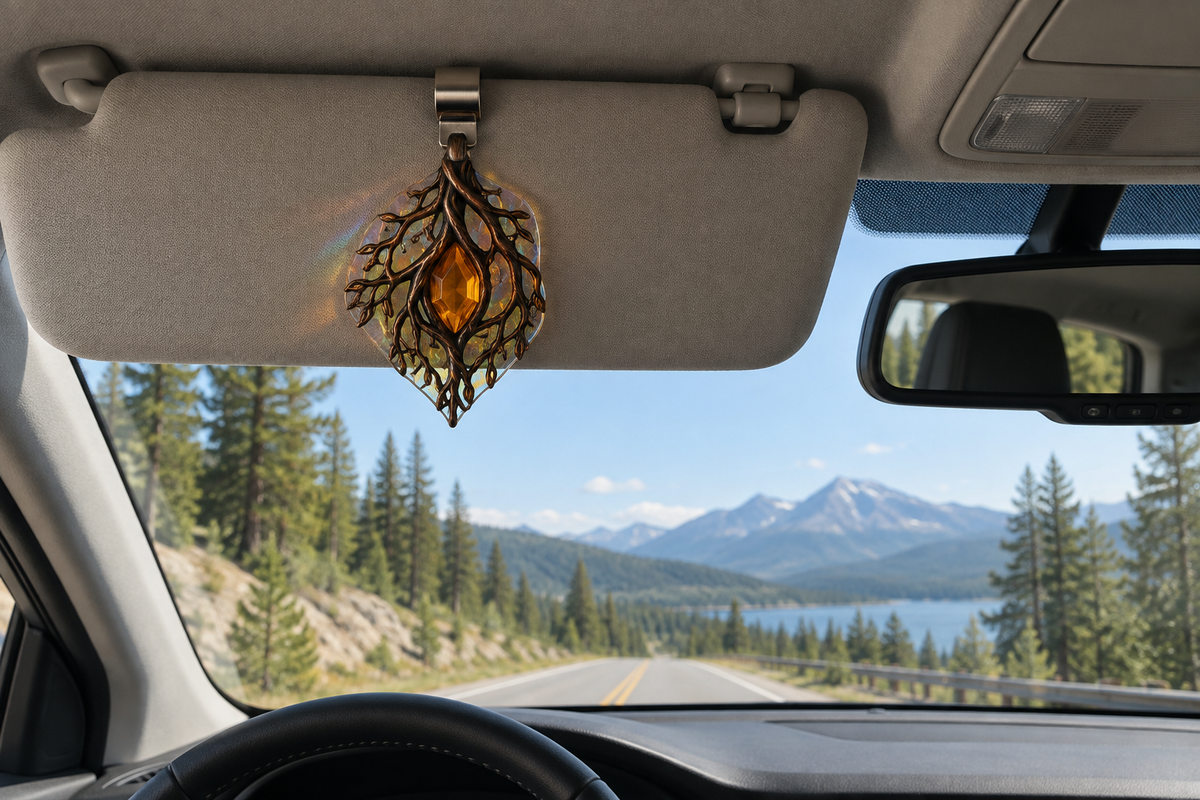 Amberroot Keepsake Holographic Car Visor Clip with printed optical 3D artwork in its use setting