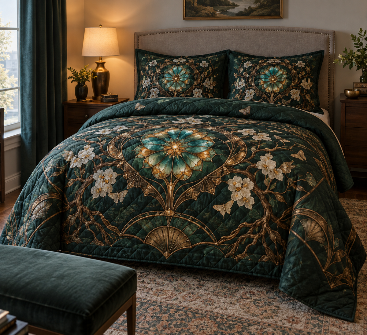 Gilded Root Gallery Quilted Bedding Set with printed optical 3D artwork in its use setting