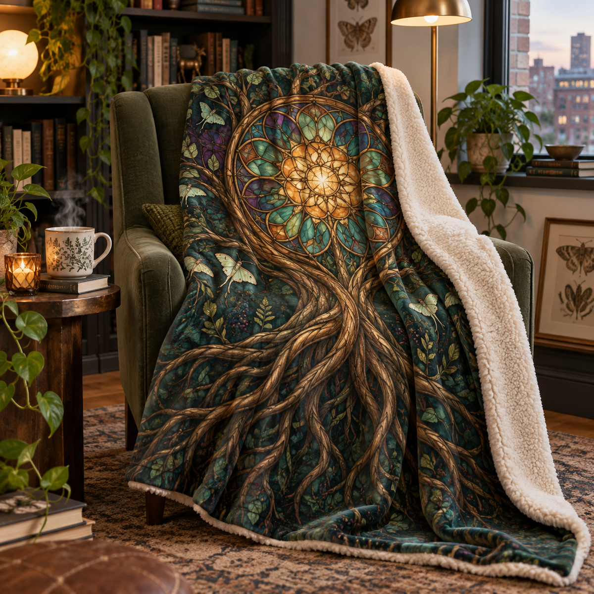 Gilded Root Gallery Sherpa & Fleece Blanket with printed optical 3D artwork in its use setting
