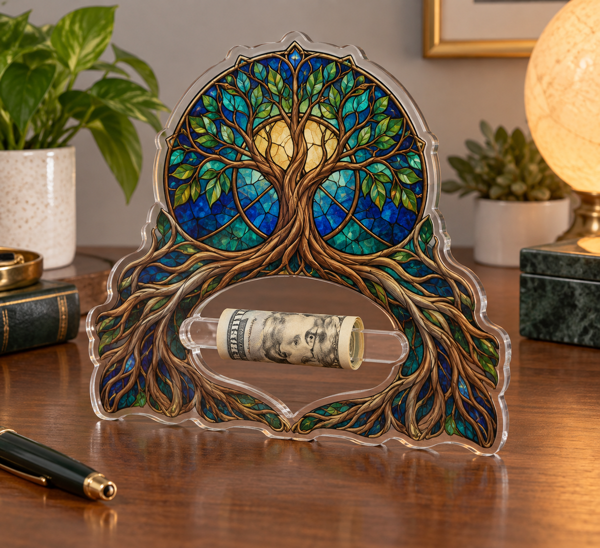 Gilded Root Gallery Acrylic Cash Holder Ornament with printed optical 3D artwork in its use setting