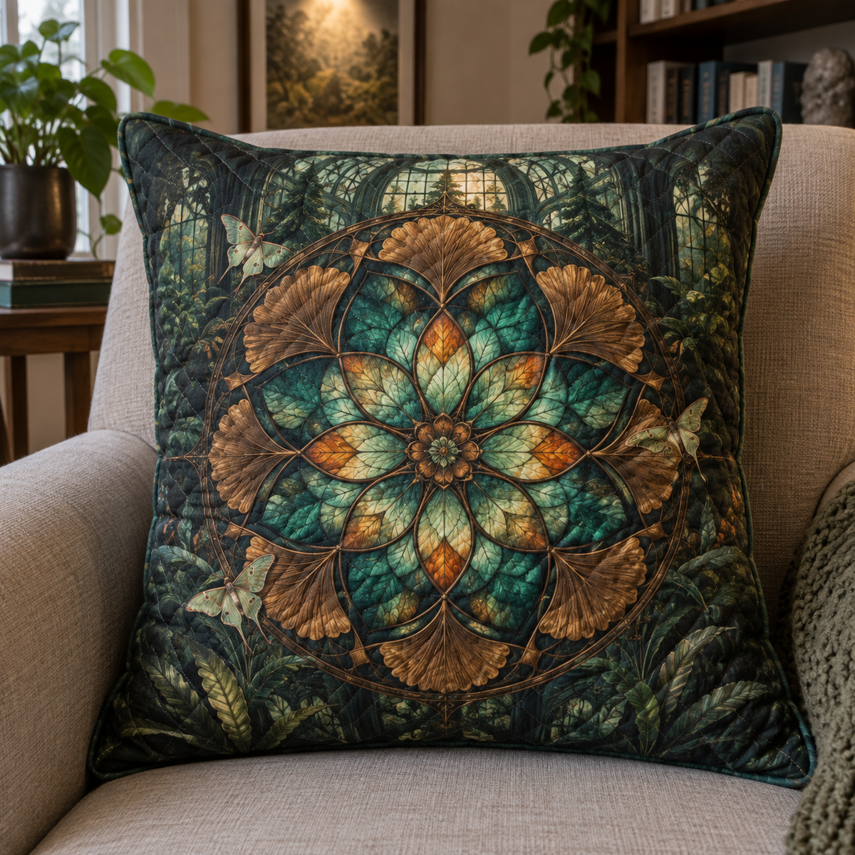 Gilded Root Gallery Quilted Cushion Cover with printed optical 3D artwork in its use setting