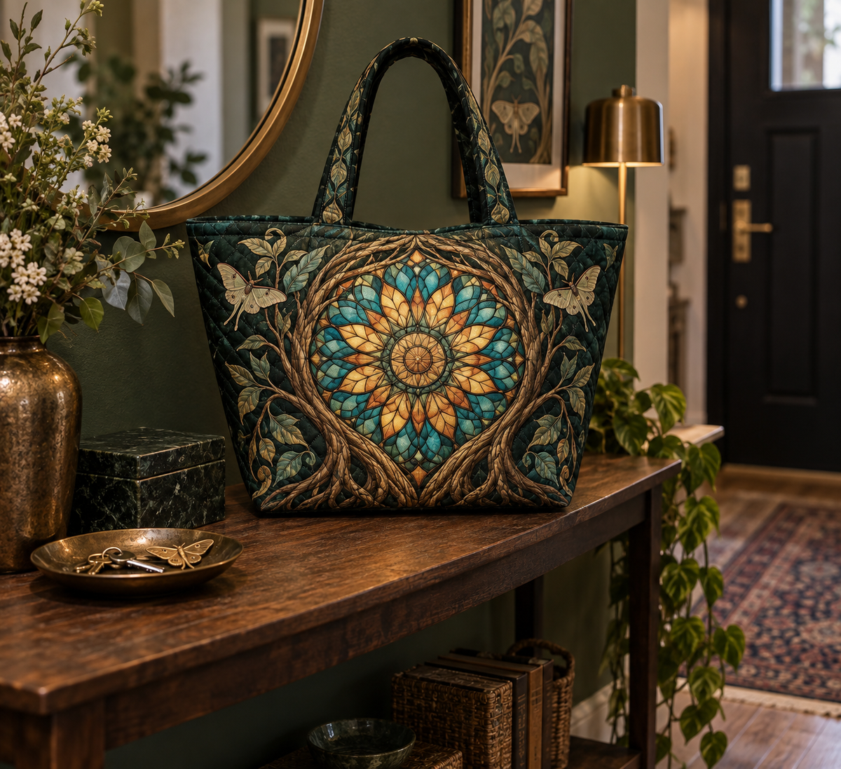 Gilded Root Gallery Quilted Tote Bag with printed optical 3D artwork in its use setting