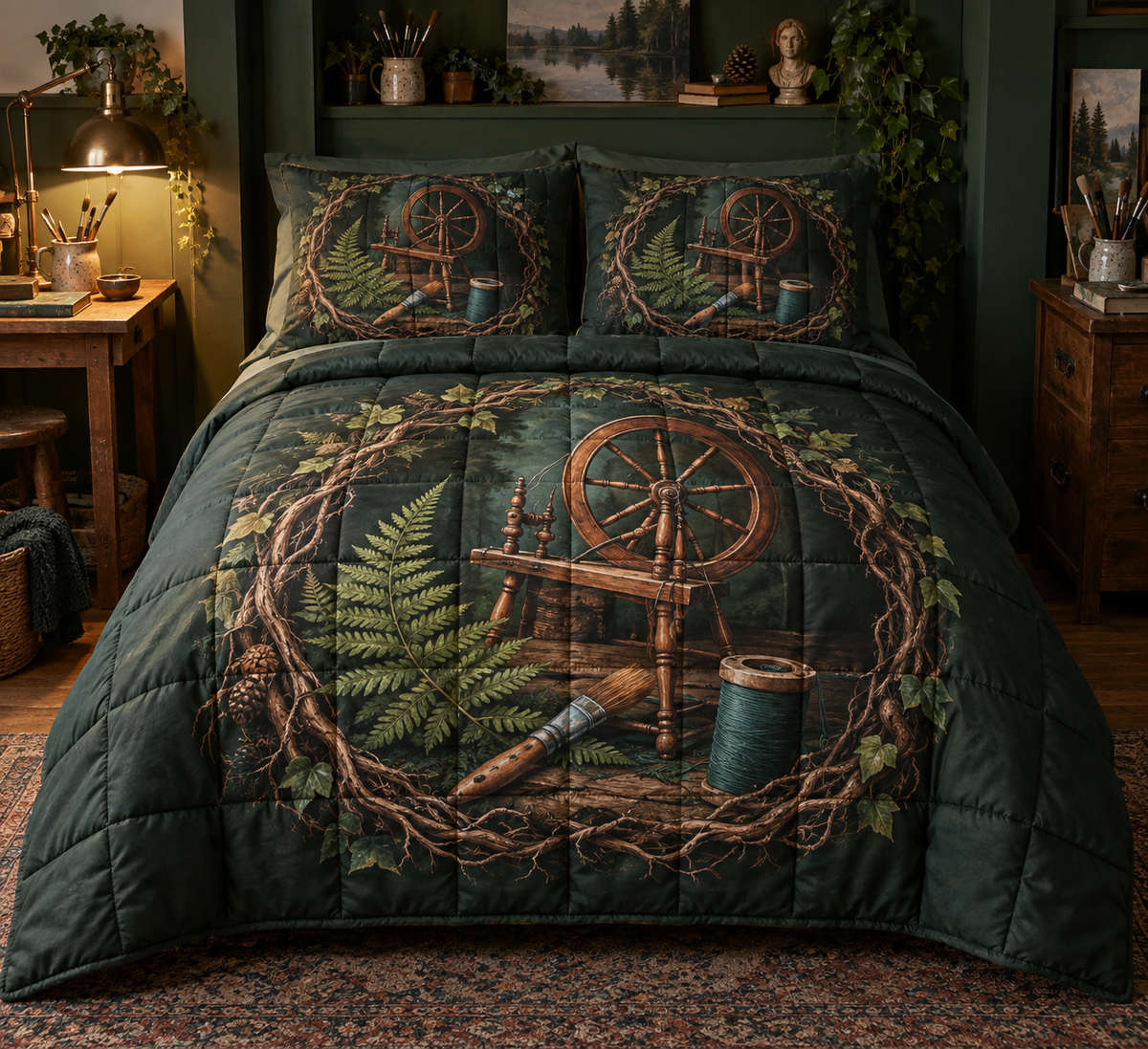 Rooted Maker Studio Quilted Bedding Set with printed optical 3D artwork in its use setting