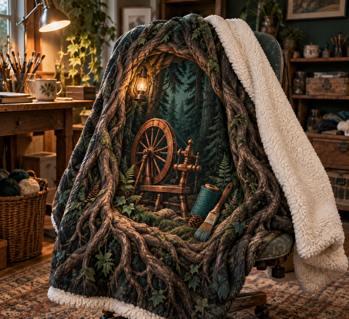 Rooted Maker Studio Sherpa & Fleece Blanket with printed optical 3D artwork in its use setting