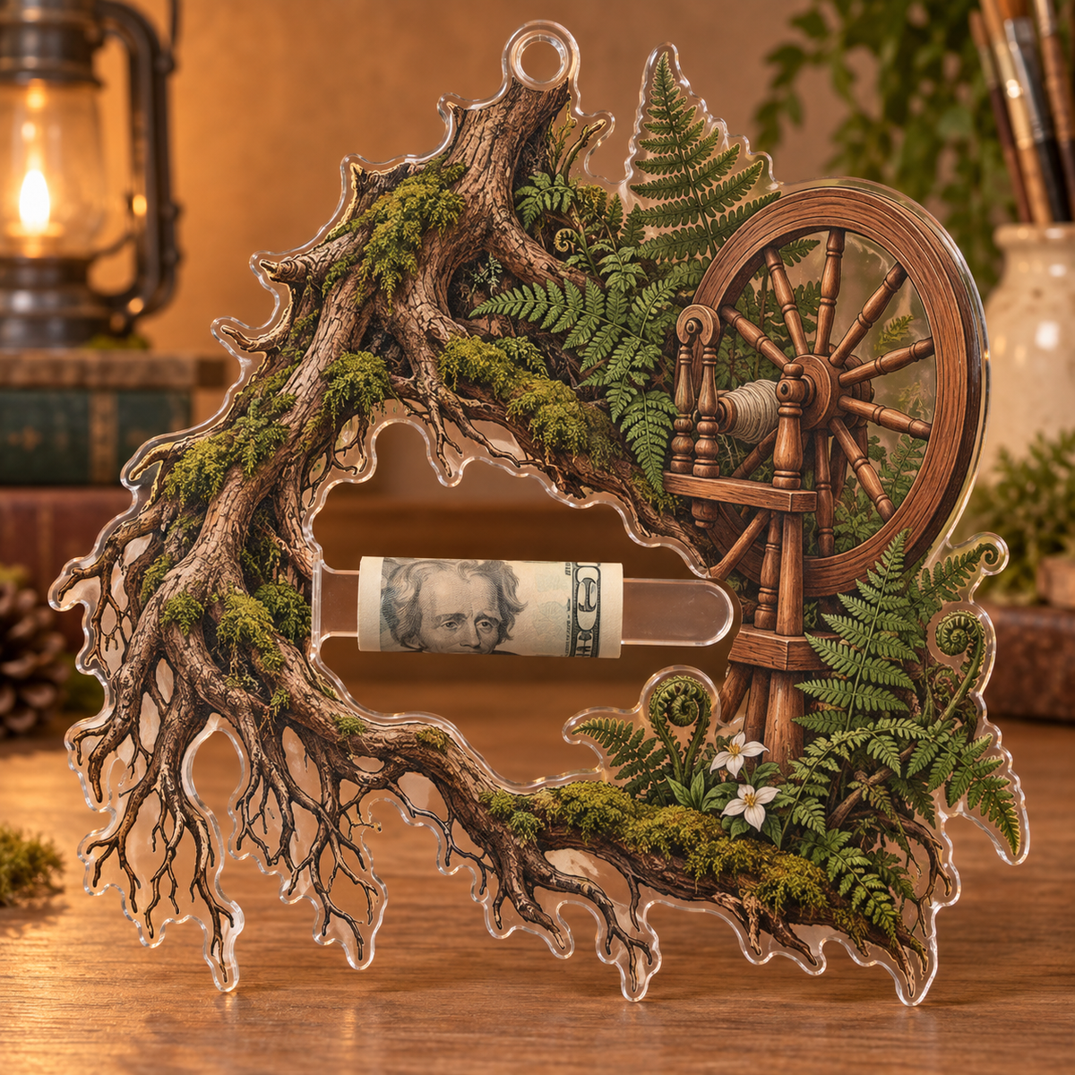Rooted Maker Studio Acrylic Cash Holder Ornament with printed optical 3D artwork in its use setting