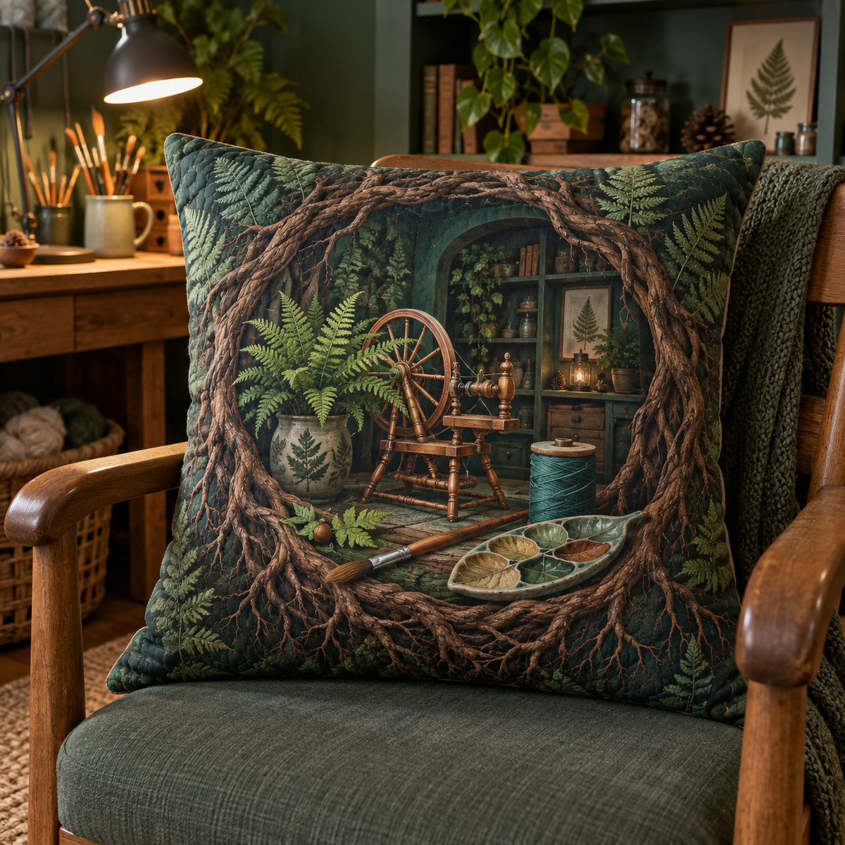 Rooted Maker Studio Quilted Cushion Cover with printed optical 3D artwork in its use setting