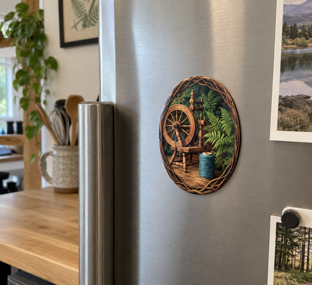 Rooted Maker Studio Acrylic Refrigerator Magnet with printed optical 3D artwork in its use setting