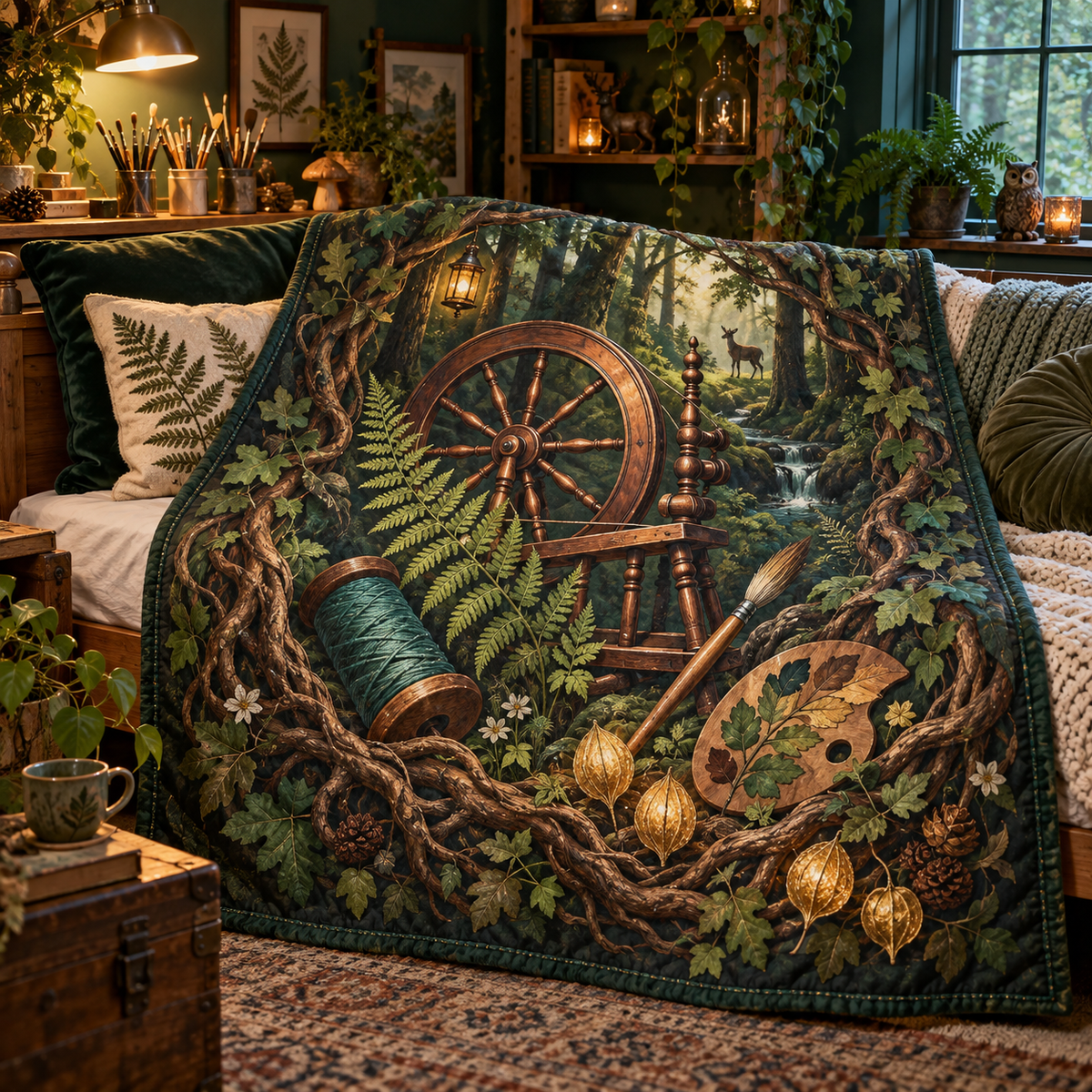 Rooted Maker Studio Quilt Blanket with printed optical 3D artwork in its use setting
