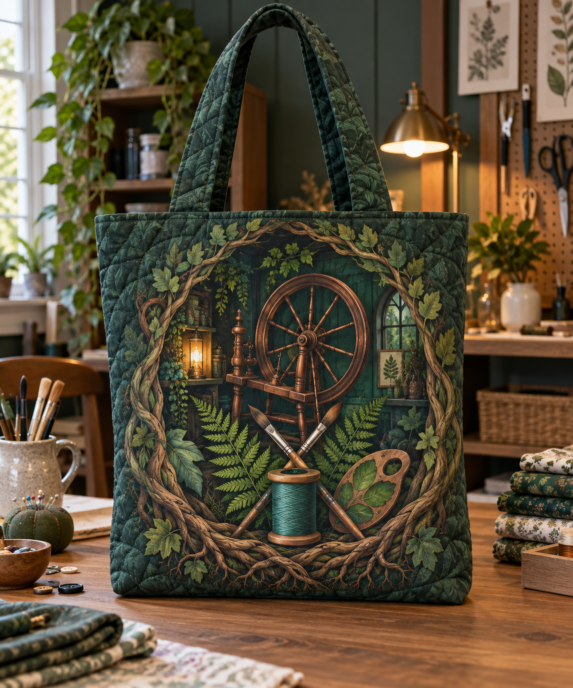 Rooted Maker Studio Quilted Tote Bag with printed optical 3D artwork in its use setting